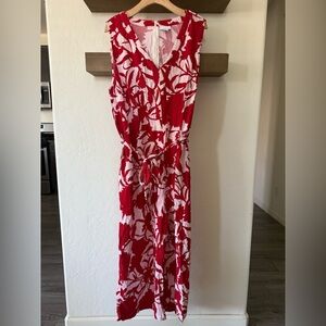 Liz Claiborne|Floral Linen sleeveless wide leg jumpsuit,red/white tropical print
